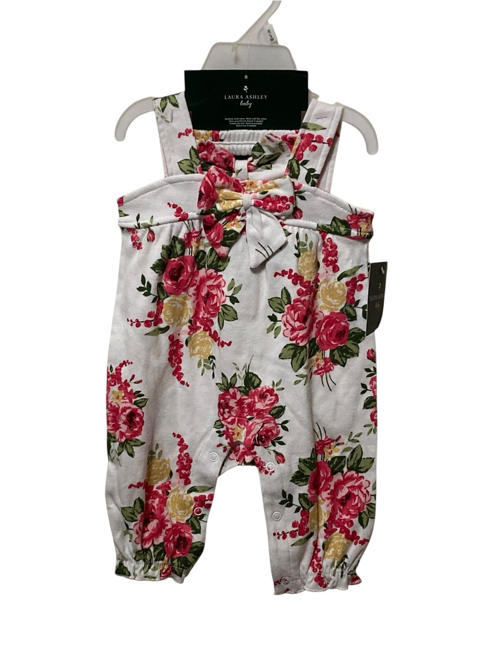 Laura Ashley White Floral Bow Jumpsuit with Pink and Yellow Roses